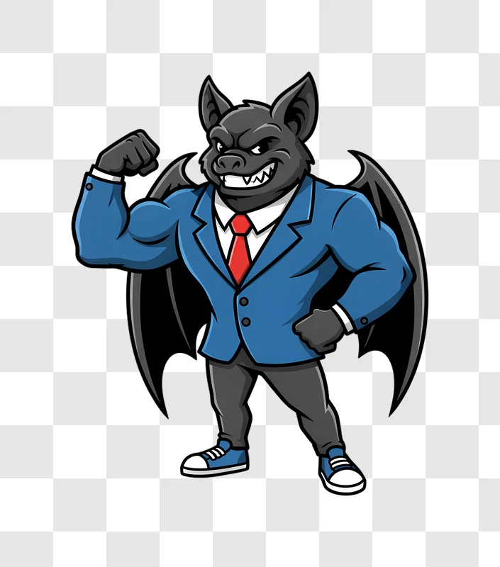 mascot bat character in business suit flexing biceps edited