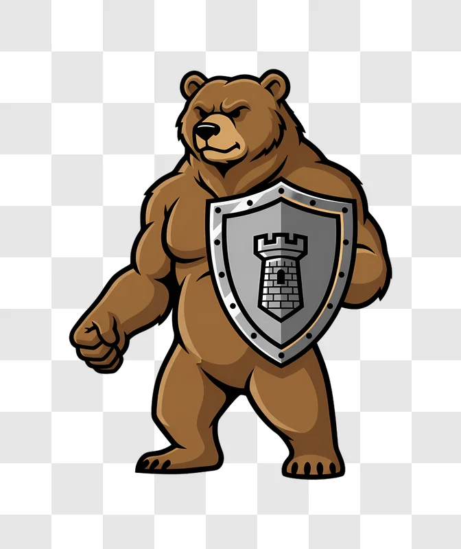 mascot bear warrior holding shield with castle emblem edited
