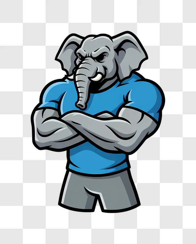 mascot elephant character muscular blue shirt crossed arms edited