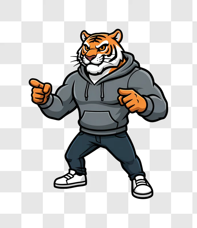 mascot tiger character in hoodie and jeans posing aggressively edited