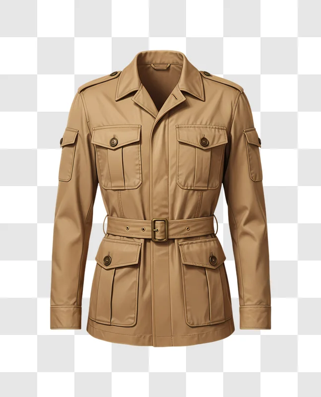 mens tan safari jacket with belt and multiple pockets edited