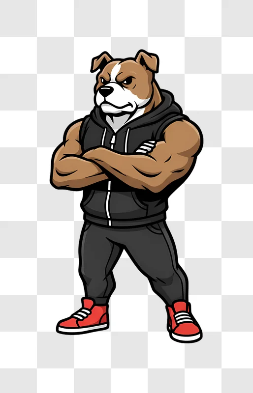 muscular bulldog character wearing hoodie and joggers edited