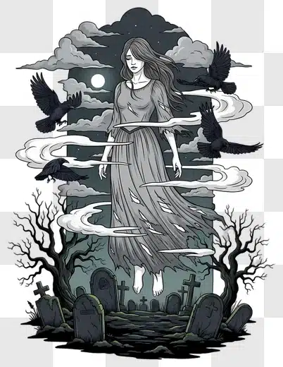 mysterious ghostly woman floating above cemetery with crows edited