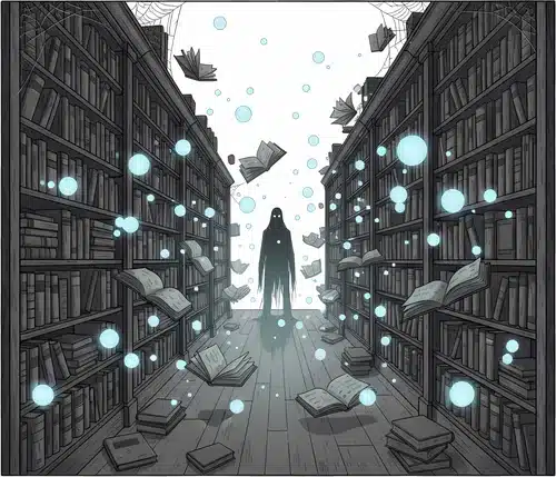 mysterious figure in a library with floating books and glowing orbs edited