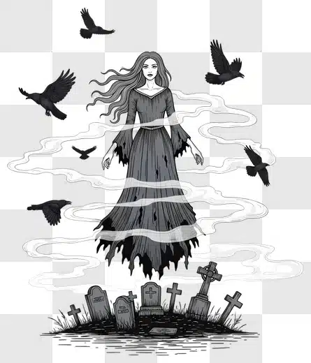 mysterious ghost woman hovering over a graveyard with crows flying around her edited