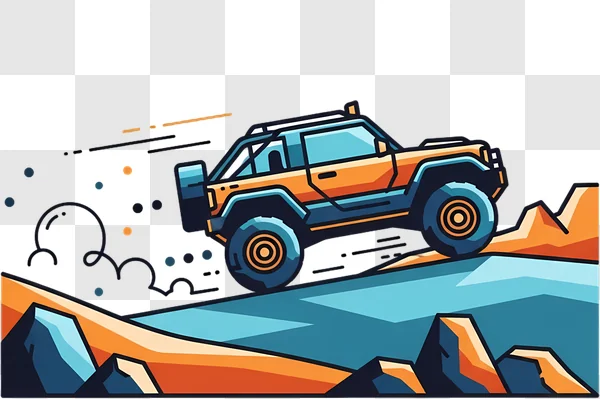 orange off road vehicle climbing stylized hills edited