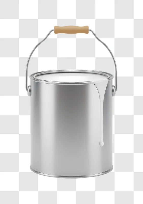 paint can with dripping white paint and wooden handle edited