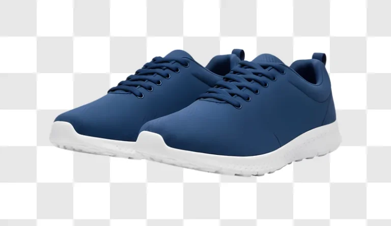 pair of blue athletic shoes with white soles on a white background edited