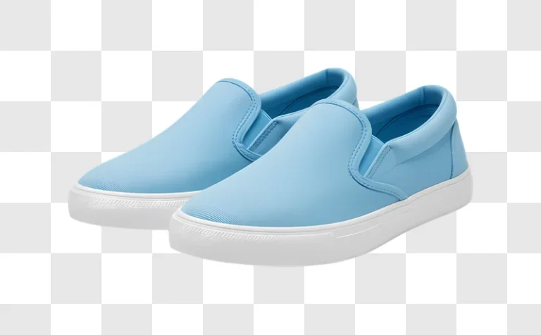 pair of light blue canvas slip on sneakers with white soles edited