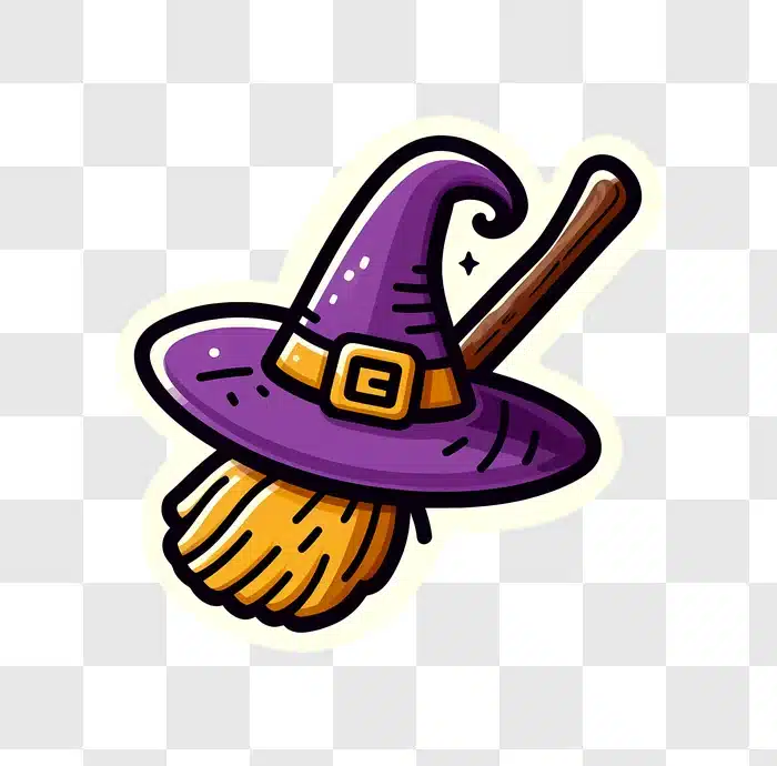 purple witch hat and broomstick halloween icon