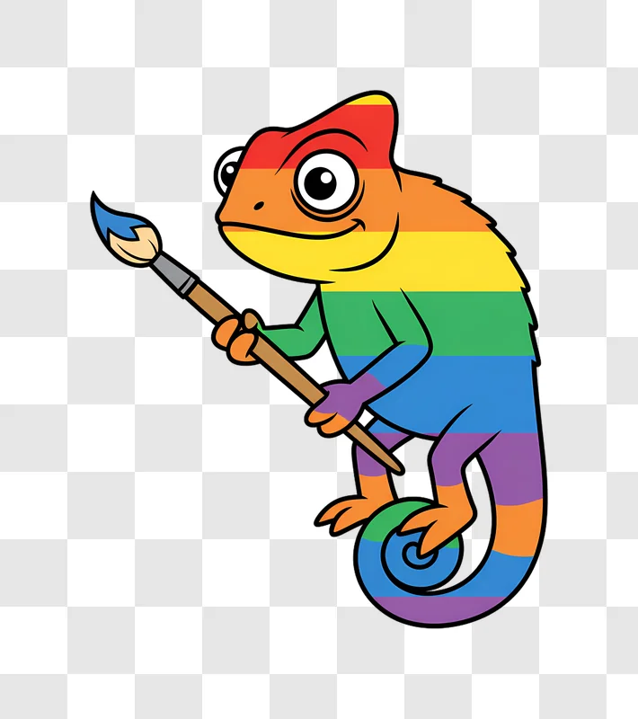 rainbow chameleon artist holding paintbrush creative colorful reptile edited