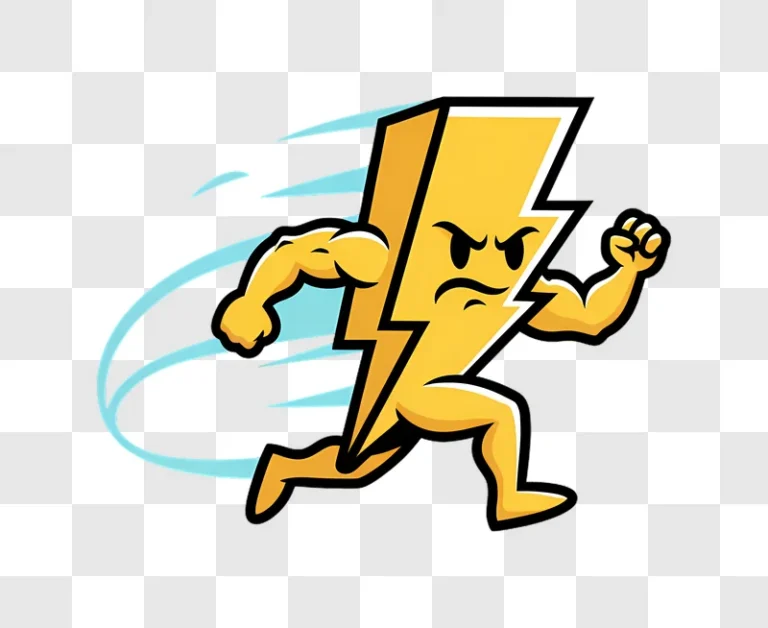 running lightning bolt character with angry face and muscular arms edited