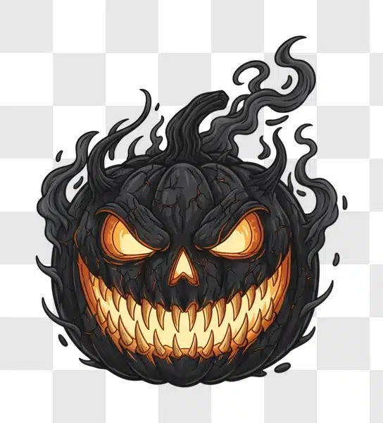 scary black jack o lantern halloween pumpkin with fiery eyes and smoke edited