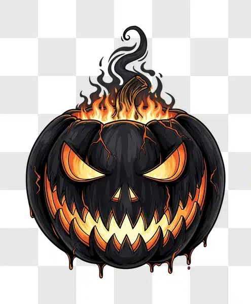 scary black pumpkin on fire halloween illustration edited