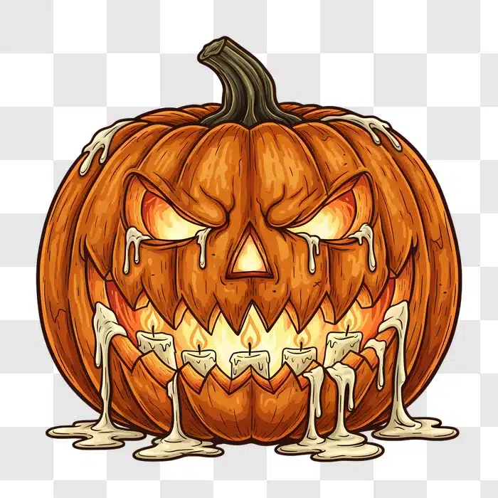 scary halloween jack o lantern with dripping wax and candles edited