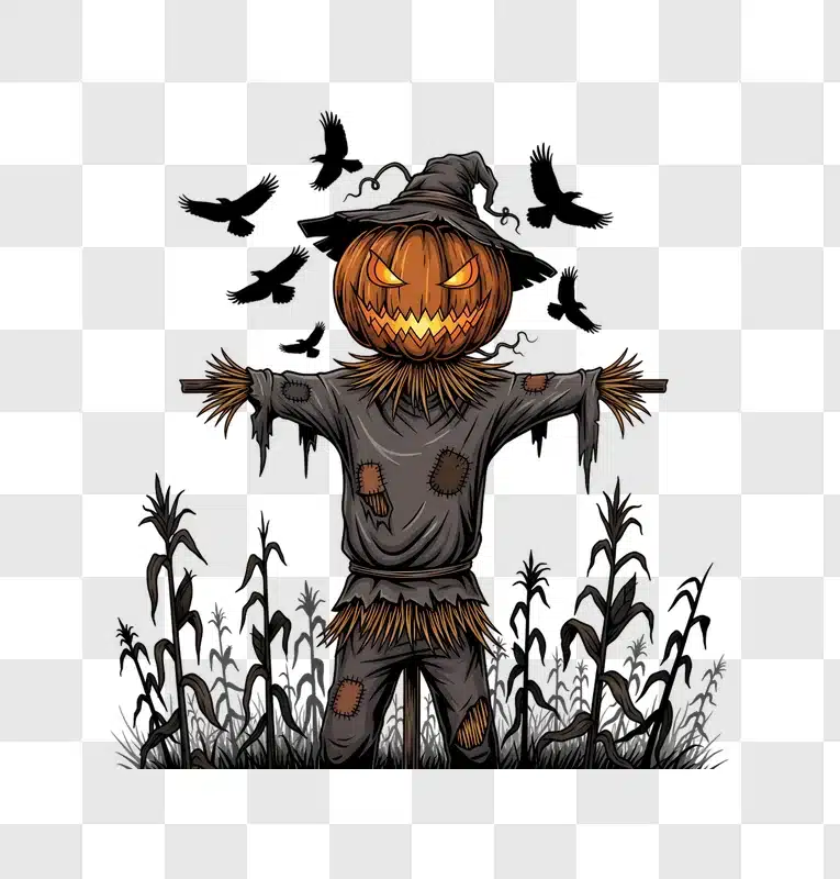 scary halloween pumpkin scarecrow with crows in cornfield edited