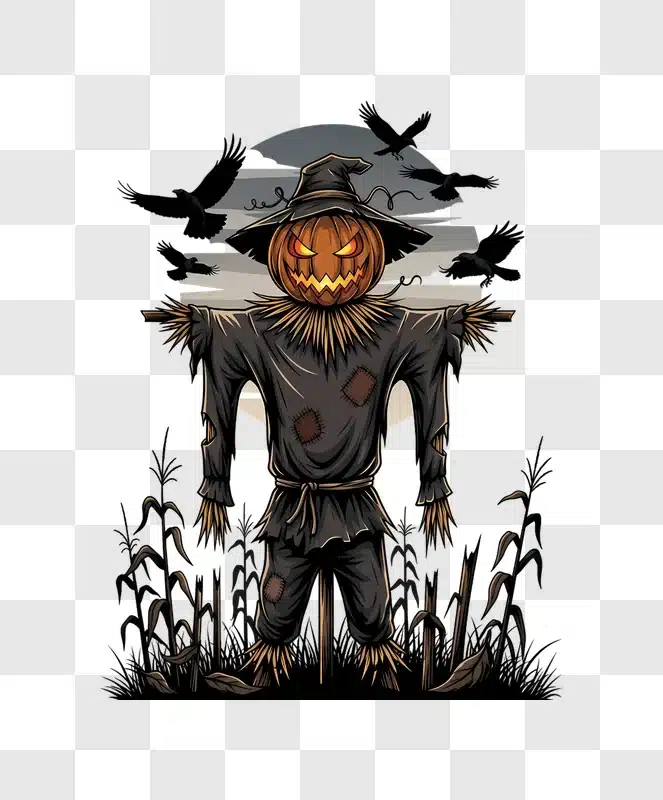 scary halloween pumpkin scarecrow with crows in a field edited