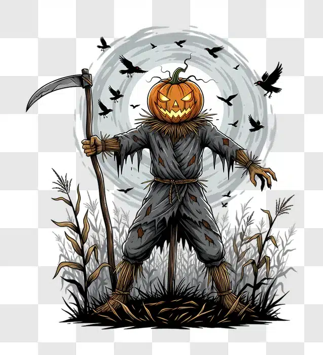 scary halloween pumpkin scarecrow with scythe and crows