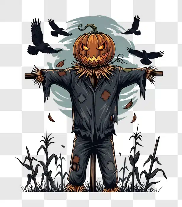scary halloween scarecrow with pumpkin head and crows