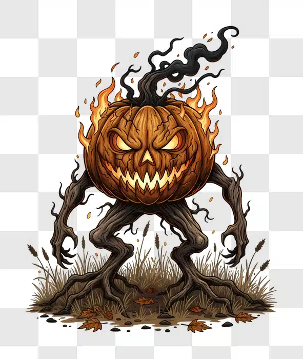 scary jack o lantern monster on fire with tree roots and branches edited