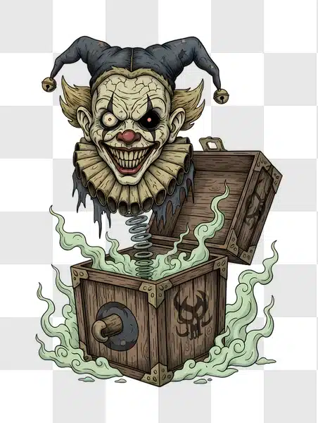 scary jack in the box clown emerging from a wooden box with smoke edited