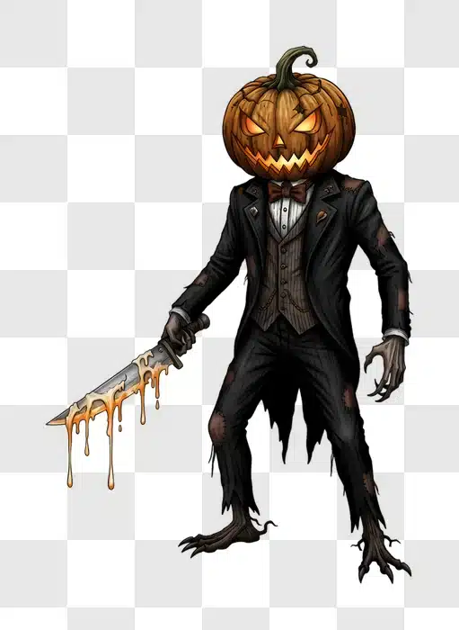 scary pumpkin head man holding bloody knife edited