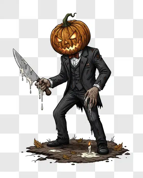 scary pumpkin head man with knife halloween character edited