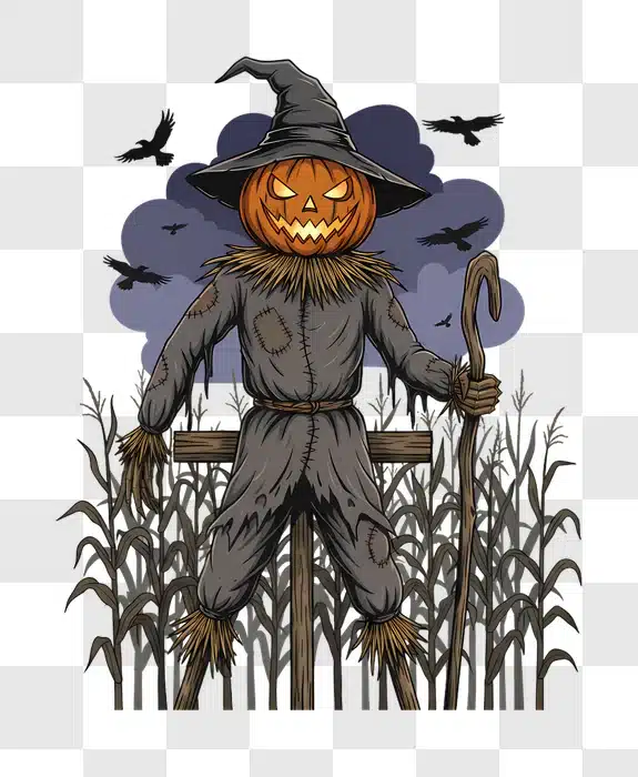 scary pumpkin head scarecrow with crows in cornfield edited