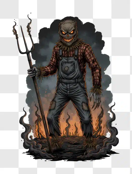 scary scarecrow with pitchfork in fiery field edited