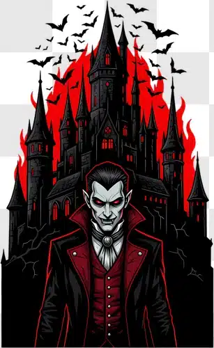 scary vampire standing in front of his dark castle with bats flying around edited