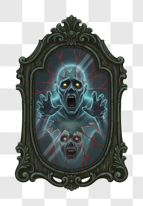 scary zombie face emerging from a haunted mirror