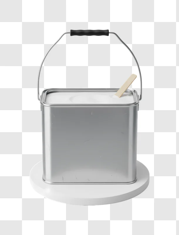 silver metal paint can with stir stick on white pedestal edited