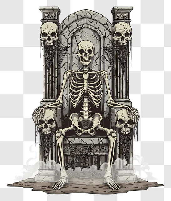 skeleton king sitting on a throne of skulls and stone edited