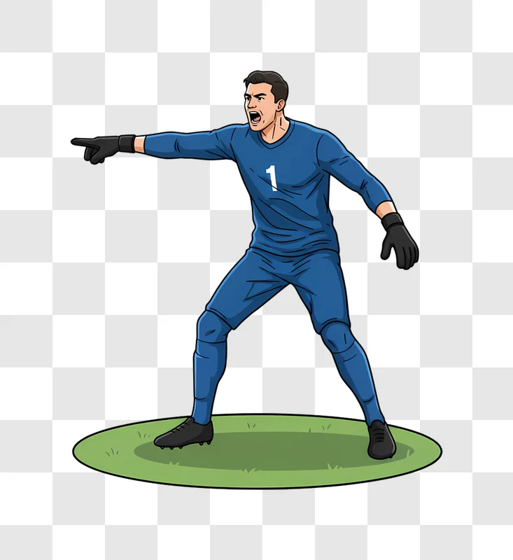 soccer goalkeeper in blue uniform pointing and shouting edited