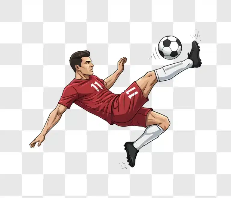 soccer red player performing a bicycle kick with the ball edited