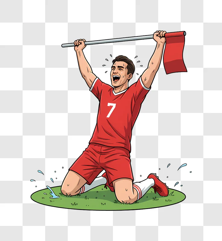soccer player celebrating a goal on the field with a red flag edited