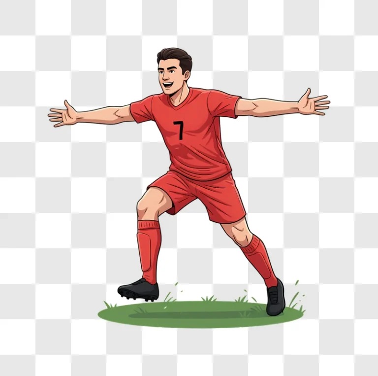 soccer player celebrating a goal with arms outstretched on the field edited