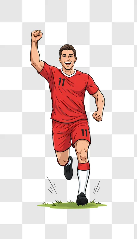 soccer player celebrating a goal with arms raised in victory edited