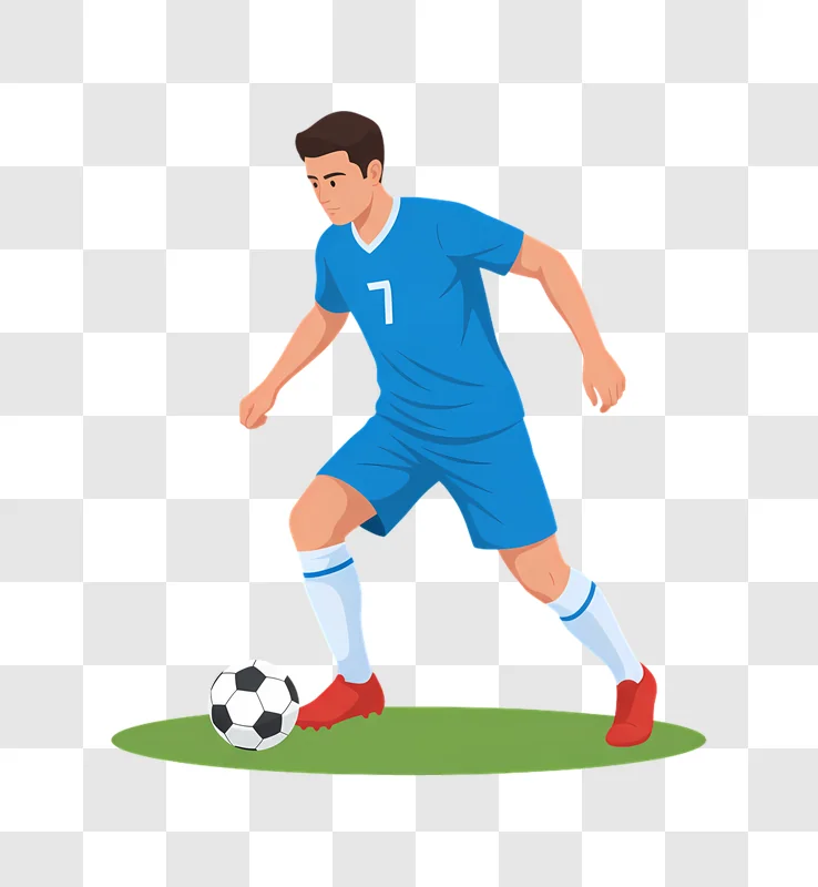 soccer player dribbling ball on green field wearing blue uniform edited