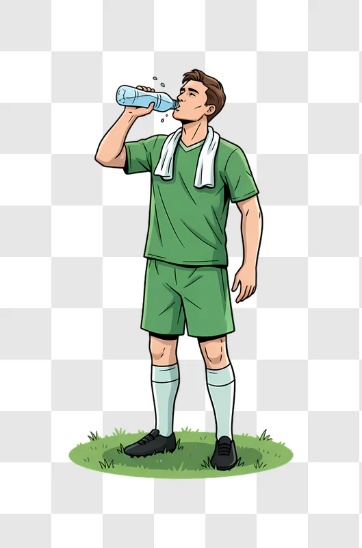 soccer player drinking water after intense game on green grass edited