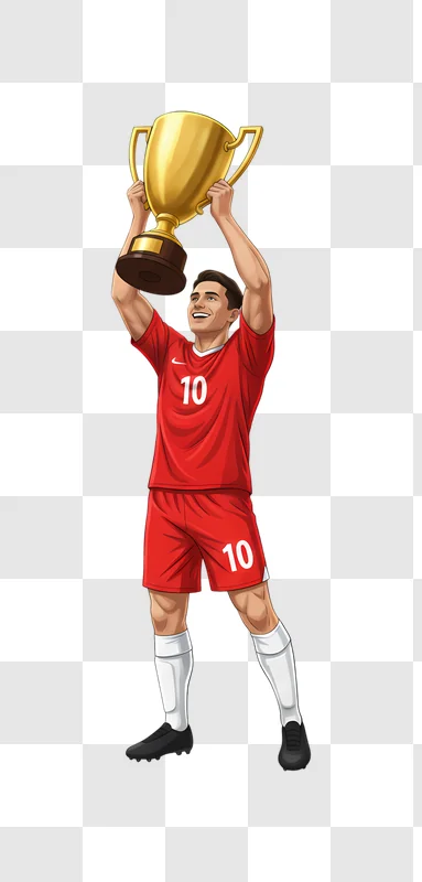 soccer player holding up a golden trophy celebrating victory edited