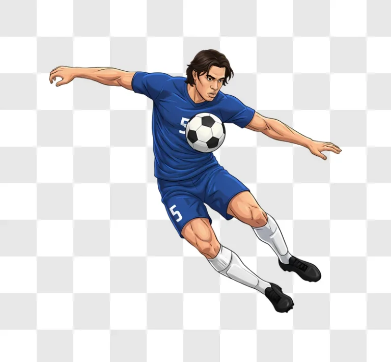soccer player in blue uniform kicking ball with intense focus edited