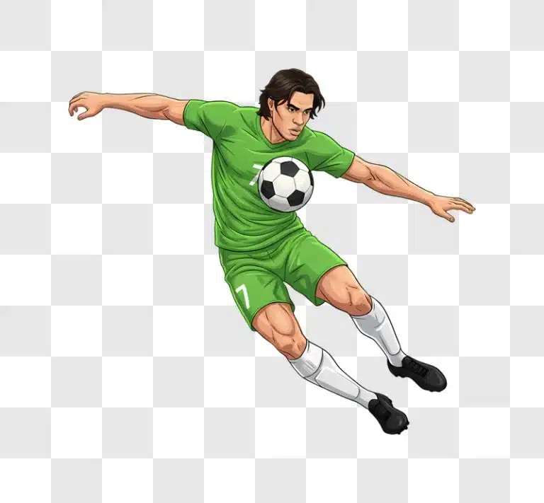 soccer player kicking ball in green uniform dynamic pose edited