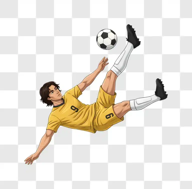 soccer player performing a bicycle kick with the ball edited