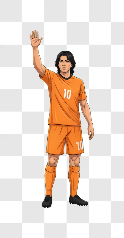 soccer player wearing orange uniform with number 10 raises hand edited