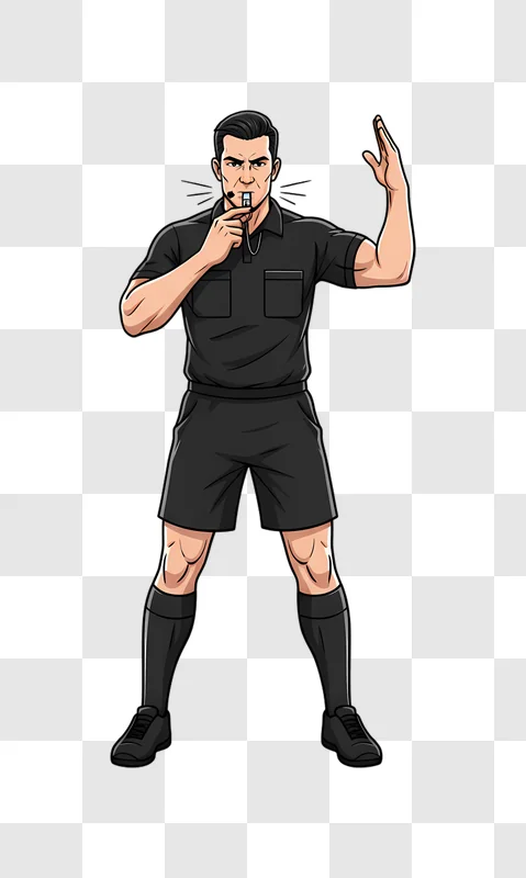 soccer referee blowing whistle and signaling with hand edited