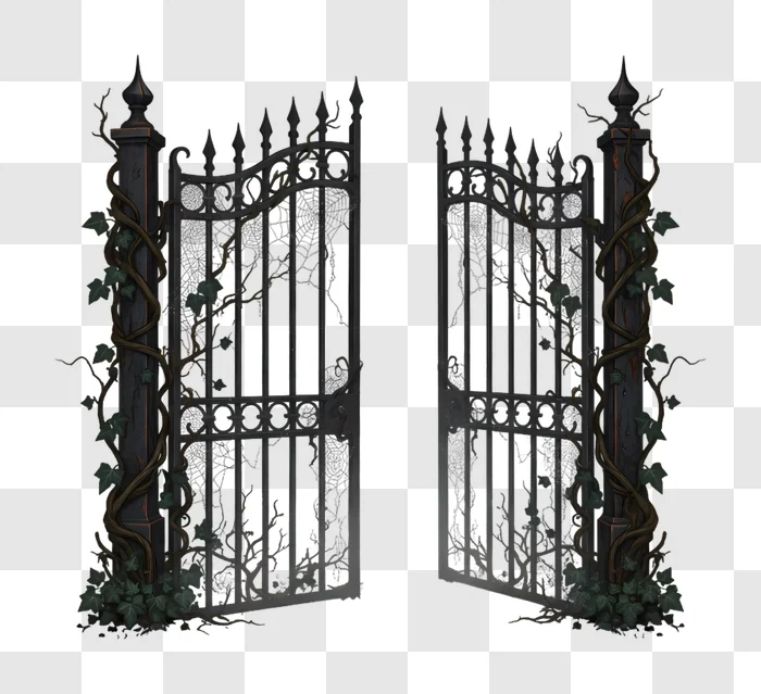 spooky black wrought iron gates with vines and bare branches