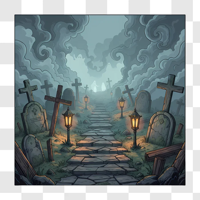 spooky cemetery path with gravestones and lanterns