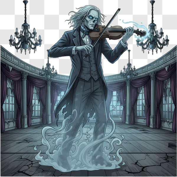 spooky ghost violinist playing music in haunted mansion edited