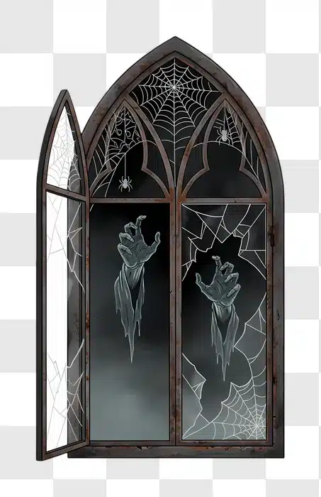 spooky gothic window with zombie hands and cobwebs